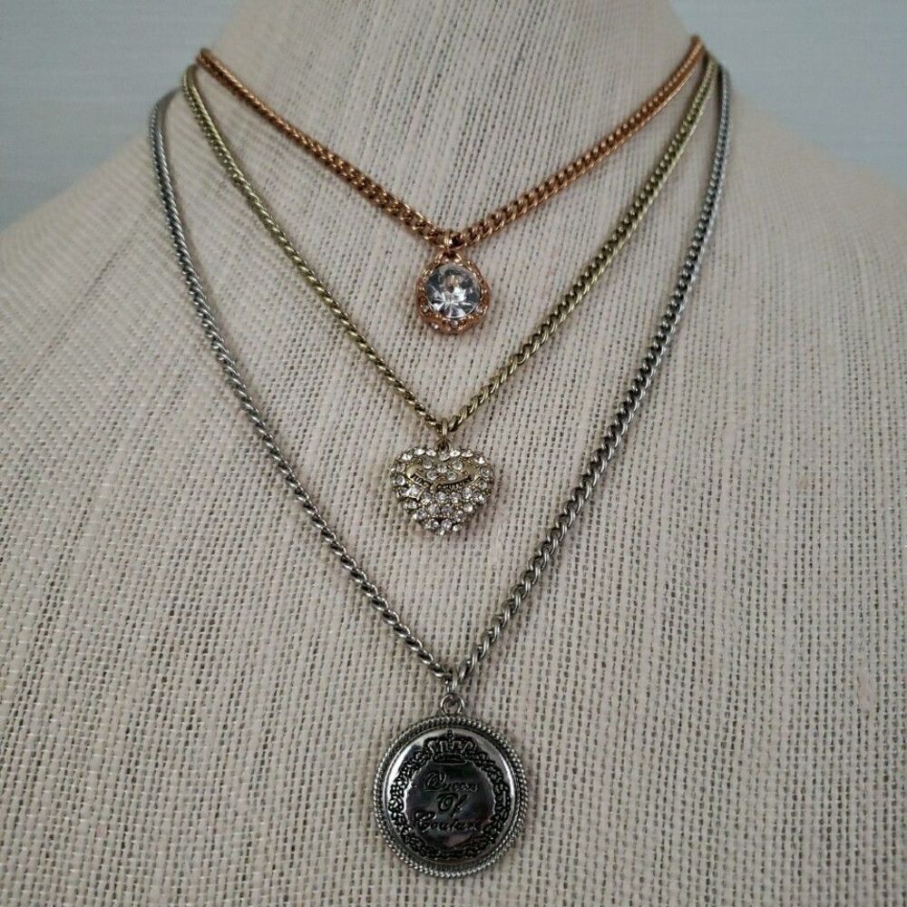 Juicy Couture Triple Chain Necklace Rhinestone Puffy Heart Crown 3 Tone 15.5"